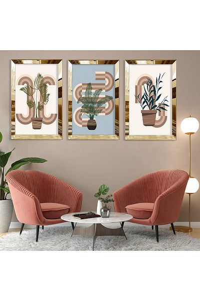 Zevahir Mobilya Dekorasyon Set de pictură din MDF triplu cu margine din plexiglas auriu cu model abstract de flori minimaliste