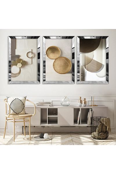 Zevahir Mobilya Dekorasyon Silver Mirrored Plexiglass Framed Collage Drawing Triple Mdf Painting Set