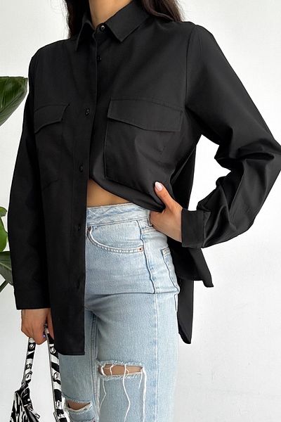 FEMELLE Cămașă oversize pentru femei, neagră, New Season, cu buzunare dublu