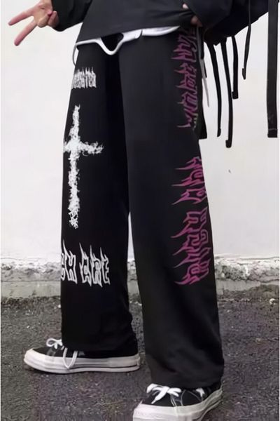 EFBUTİK Black Hope Water Cross Wide Leg Sweatpants