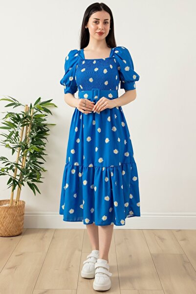 PULLIMM Papatya Baskılı Gipeli Kare Yaka Elbise 2023-2269