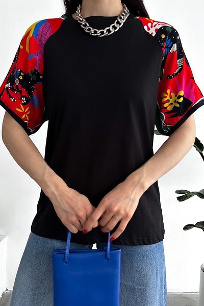 FEMELLE Tricou negru din bumbac, cu decolteu triplu, cu detaliu pe umeri