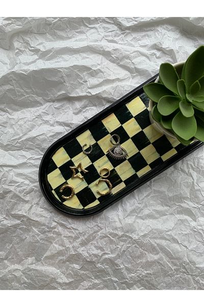 unique florya Checkered Decorative Tray Oval Presentation Holder Candle Holder Countertop Tray 24x9,5cm
