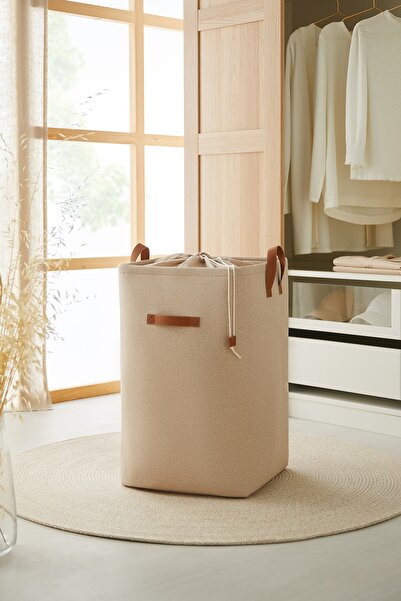 Ocean Home Textile Bej Kumaş Büzgülü Katlanır Kirli Çamaşır Dolap İçi Çocuk Oyuncak Düzenleyici Saklama Sepeti 36x36x57