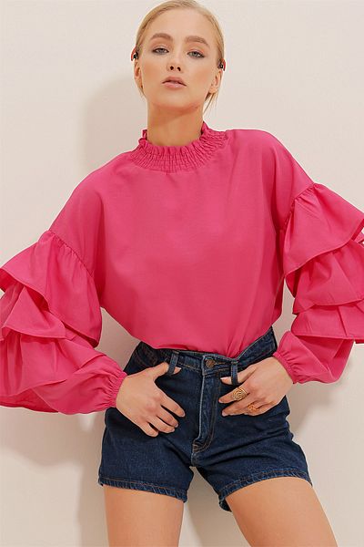 Trend Alaçatı Stili Bluză fucsia cu gât cu mâneci și volan ALC-X9762