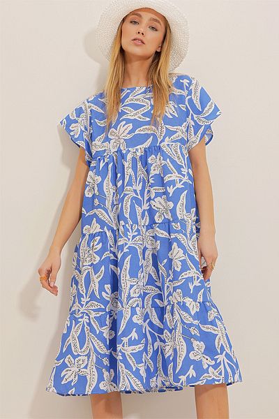 Trend Alaçatı Stili Női Saks kék, környakú Flounce virágmintás poplin ruha ALC-X10241