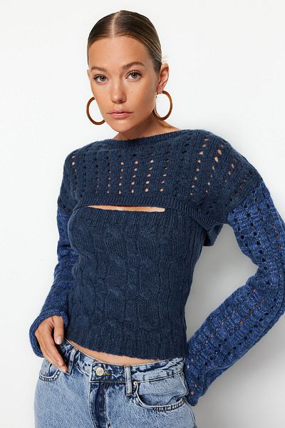 Trendyol Collection Indigo Crop Soft Textured Openwork/Hole Blouse Sweater Knitwear Set TWOAW24KZ00099