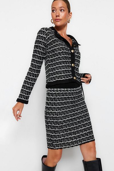 Trendyol Collection Soft Textured Black Knitwear Cardigan and Skirt Set - Knitted Detail Twoaw24Au00001