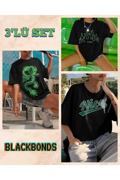 blackbonds 3 Συσκευασία Unisex Oversize Πράσινο εμπριμέ μαύρο T-Shirt