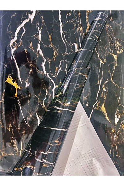 epazzar 2 Adet 5 Metre X 60 Cm Siyah Zemin Gold & Beyaz Desenli Kendinden Yapışkanlı Mermer Desenli Folyo