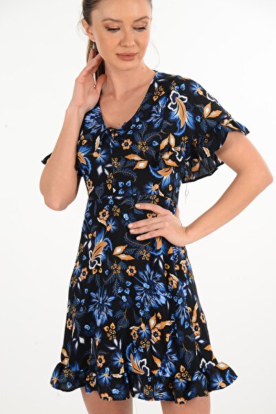 fehika Жіноча коротка сукня з рюшами, з квітковим принтом, синього кольору, з креповою тканиною, з принтом