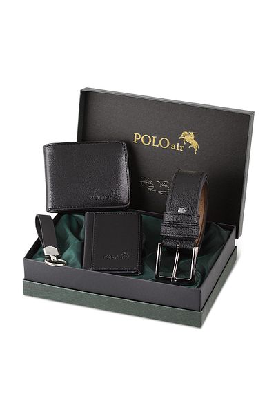 Polo Air حزام المحفظة حامل البطاقة سلسلة المفاتيح مجموعة هدية مجموعة سوداء