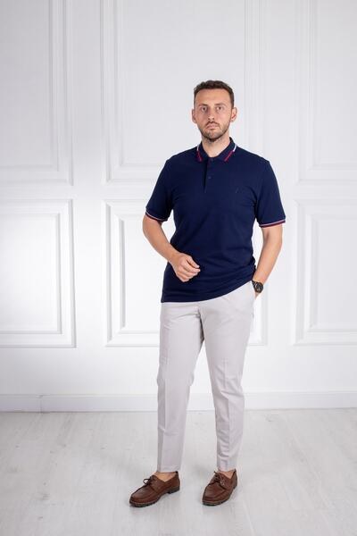 Sarar İnterview Sarar Polo Collar 100% Cotton Collar Combination Navy Blue T-...
