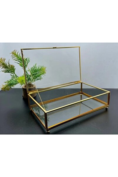 Fiyakalı Ürünler Atölyesi Glass Chest, Glass Metal Framed Presentation Chest with Lid, Chocolate Candy and Jewelry Box 25x15 Cm Gold