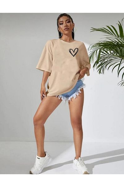 Revasser Minimal Heart Printed Light Beige Oversize