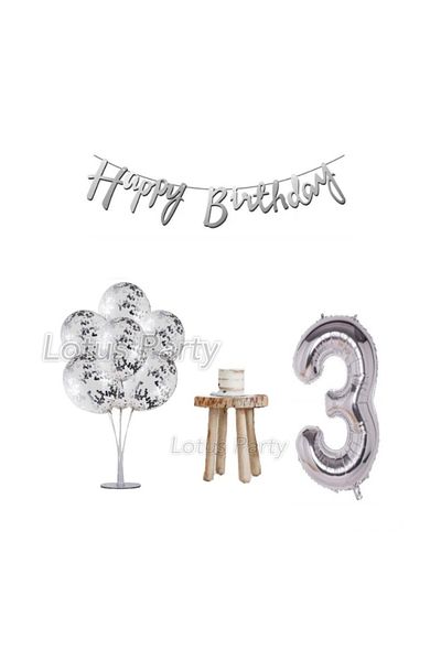 LOTUS PARTY Σετ για πάρτι γενεθλίων 3 ετών Silver Minimal Ασημένια παγιέτα Ασημένιο αριθμό Ασημένιο Happy Text