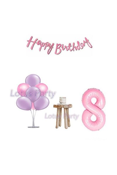 LOTUS PARTY Σετ πάρτι γενεθλίων 8 ετών Pink Minimal Βάση μπαλονιού Ροζ αριθμός Φύλλο Μπαλόνι Ροζ Happy Text