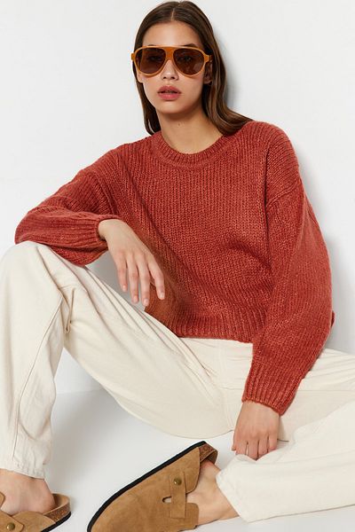 Trendyol Collection Мек основен плетен пуловер - тухлена широка шарка Twoaw23Kz00185