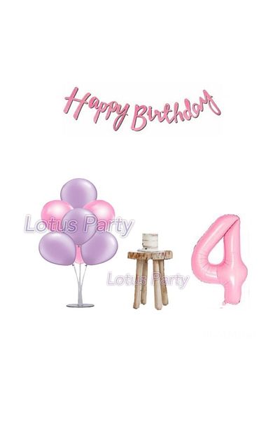 LOTUS PARTY Σετ πάρτι γενεθλίων 4 ετών Pink Minimal Stand με μπαλόνι Ροζ αριθμός Foil Balloon Pink Happy Text