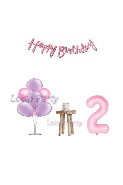 LOTUS PARTY Σετ για πάρτι γενεθλίων 2 ετών Pink Minimal Stand με μπαλόνι Ροζ αριθμός Foil Balloon Pink Happy Text