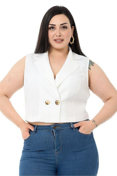 DISENTIS MODEST Plus Size Διπλό Διπλό Κουμπί Λευκό Μίνι Γιλέκο