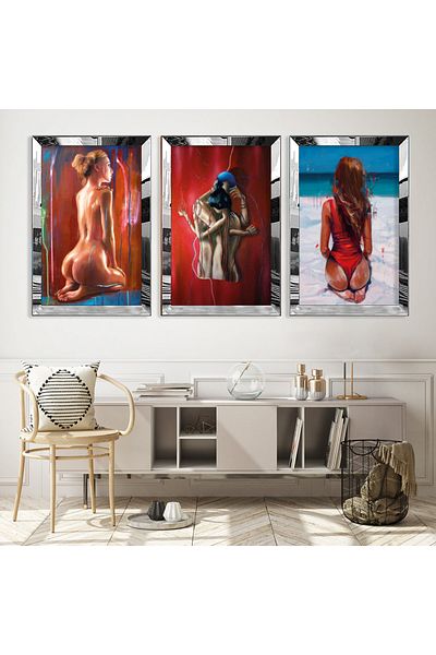 Zevahir Mobilya Dekorasyon Set de pictură din MDF triplu argintiu pentru femei, cu cadru din plexiglas cu oglindă argintie
