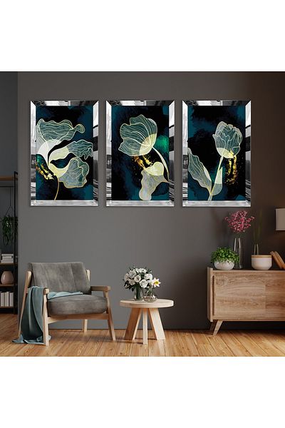Zevahir Mobilya Dekorasyon Set de pictură din MDF cu model abstract de plante din plexiglas argintiu