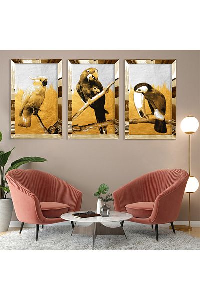 Zevahir Mobilya Dekorasyon Set de pictură din MDF cu model abstract papagal cu margine din plexiglas auriu