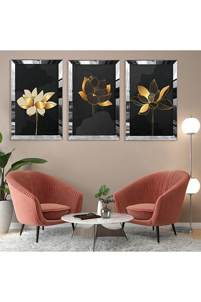 Zevahir Mobilya Dekorasyon Set de pictură din MDF cu model abstract, flori, argintiu, margine din plexiglas