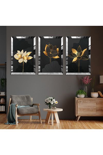 Zevahir Mobilya Dekorasyon Set de pictură din MDF cu model abstract, flori, argintiu, margine din plexiglas