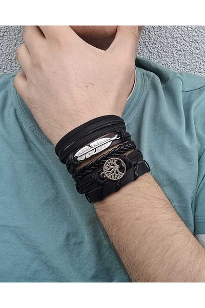 BSN Store Feather Tree of Life Silver Color Figure 5 Pieces Genuine Leather Bracelet