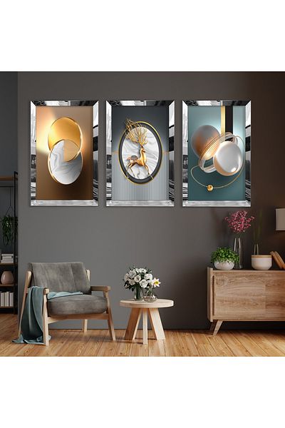 Zevahir Mobilya Dekorasyon Set de picturi din MDF triplu cu model abstract de cerb cu cadru din plexiglas cu oglindă argintie