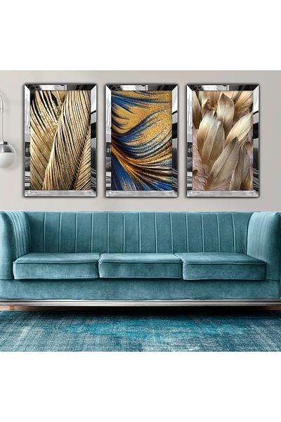 Zevahir Mobilya Dekorasyon Silver Mirrored Plexiglass Framed Collage Drawing Triple Mdf Painting Set