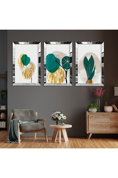 Zevahir Mobilya Dekorasyon Set de pictură din MDF cu model abstract de plantă din argint cu margine din plexiglas
