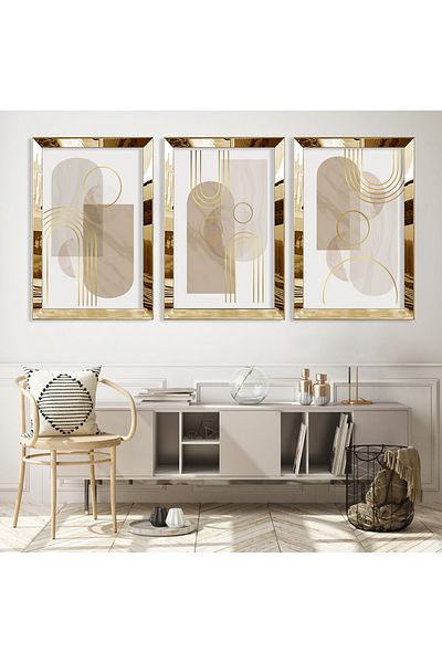 Zevahir Mobilya Dekorasyon Set de pictură MDF triplu cu margini din plexiglas auriu