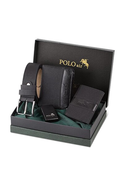 Polo Air Erkek Set Cüzdan Kemer Kartlık Benzinli Çakmak Siyah Set