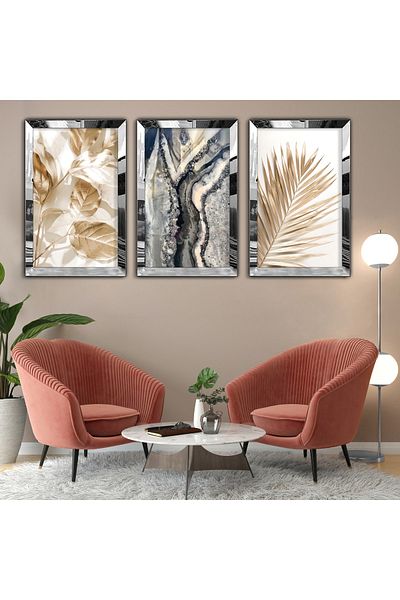 Zevahir Mobilya Dekorasyon Silver Mirrored Plexiglass Framed Collage Drawing Triple Mdf Painting Set