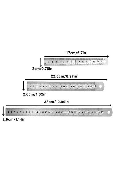 PeriStore 3 Pieces Steel Ruler 30cm /20 Cm / 15 Cm Metal Stainless Steel - 12 / 8 / 6 Inch / Inch