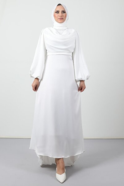 Giza Giyim Kuyruklu Degaje Elbise Beyaz
