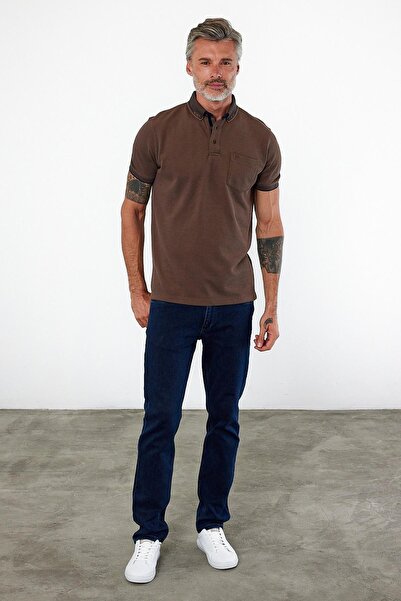 ENQUE Ανδρικό μπλουζάκι Basic Polo με κοντό μανίκι με τσέπη μονόχρωμο κανέλα