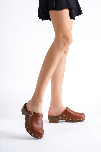 DaphneSandals Genuine Leather Tan Heeled Women's Slippers - TK02