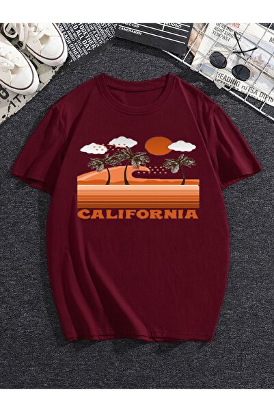 GRİLAND تي شيرت كبير الحجم مطبوع عليه كاليفورنيا للجنسين باللون العنابي