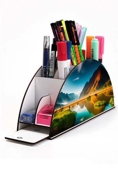 kutuTR Wooden Vip Landscape Rainbow Ruled Desktop Pen Holder Organizer with Assembled Box