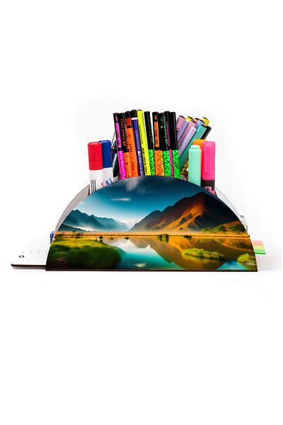 kutuTR Wooden Vip Landscape Rainbow Ruled Desktop Pen Holder Organizer with Assembled Box