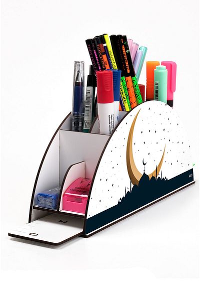 kutuTR Wooden Vip Islamic Rainbow Ruled Desktop Pen Holder Organizer with Assembled Box