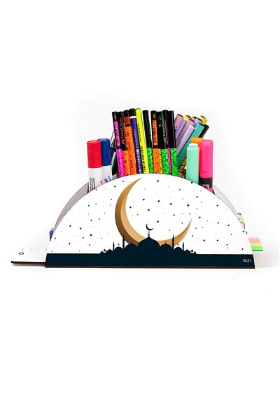 kutuTR Wooden Vip Islamic Rainbow Ruled Desktop Pen Holder Organizer with Assembled Box