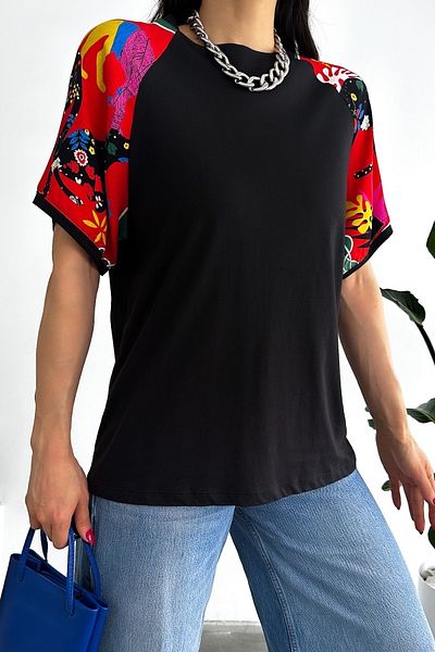 FEMELLE Tricou negru din bumbac, cu decolteu triplu, cu detaliu pe umeri