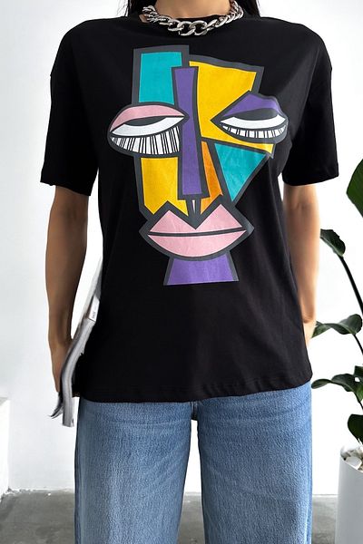 FEMELLE Tricou de damă din bumbac de bază cu model negru