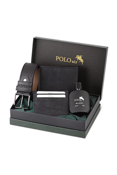 Polo Air Kutulu Erkek Parfüm Kemer Cüzdan Kartlık Seti Siyah Renk