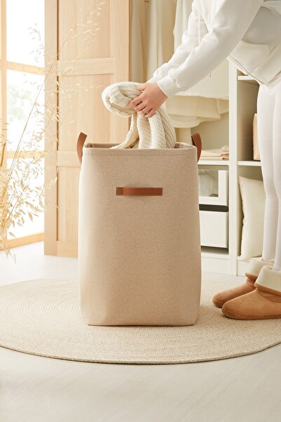 Ocean Home Textile Bej Kumaş Büzgülü Katlanır Kirli Çamaşır Dolap İçi Çocuk Oyuncak Düzenleyici Saklama Sepeti 36x36x57